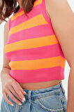 Moda Bisiklet Yaka Triko Slim Çizgili Desen Casual Günlük Crop Kolsuz Bluz