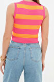 Moda Bisiklet Yaka Triko Slim Çizgili Desen Casual Günlük Crop Kolsuz Bluz
