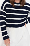 Stil Modern Kadın Crop Düşük Kol Bisiklet Yaka Basic Çizgili Triko Kazak