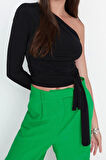 Moda Asimetrik Yaka Örme Slim Düz Desen Casual Günlük Crop Uzun Kol Bluz