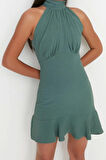 Moda Stil Regular Halter Yaka Mini Boy A Kesim Dokuma Elbise