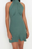 Moda Stil Regular Halter Yaka Mini Boy A Kesim Dokuma Elbise