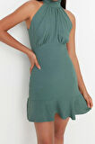 Moda Stil Regular Halter Yaka Mini Boy A Kesim Dokuma Elbise