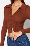 Stil Kadın Fitted Vücuda Oturan Fitilli Pamuklu Esnek Bluz Crop Örme Slim Kalıp
