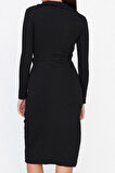Moda Stil Slim Gömlek Yaka Midi Boy Vücuda Oturan Polo Yaka Fitilli Düğmeli Esnek Örme Elbise