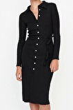 Moda Stil Slim Gömlek Yaka Midi Boy Vücuda Oturan Polo Yaka Fitilli Düğmeli Esnek Örme Elbise