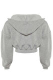 Relaxed Kapüşonlu Düşük Kol Crop Kalın İçi Polarlı V Yaka Rahat Kesim Crop Örme Sweatshirt
