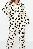 Tarz Rahat Büyük Beden Uzun Kollu Boru Paça Kalpli Dokuma Pijama Takımı