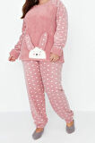 Tarz Rahat Büyük Beden Uzun Kollu Dar Paça Kalpli Polar Örme Pijama Takımı