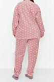 Tarz Rahat Büyük Beden Uzun Kollu Dar Paça Kalpli Polar Örme Pijama Takımı