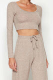 Tarz Kadın Yüksek Bel Geniş Paça Havuz Yaka Yumoş Crop ve Wide Leg Geniş Paça Örme Alt Üst Takım