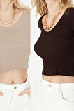 Stil Kadın 2li Paket Fitted Vücuda Oturan Fitilli Esnek Bluz Crop Örme Slim Kalıp