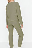 Tarz Rahat Uzun Kollu Boru Paça Waffle Kumaş Örme Pijama Takımı
