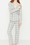Tarz Rahat Uzun Kollu Boru Paça %100 Pamuklu Ekoseli Örme Pijama Takımı