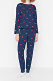 Tarz Rahat Uzun Kollu Boru Paça %100 Pamuklu Kalpli Örme Pijama Takımı