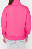 Fermuarlı Yaka Düşük Kol Geniş Kalıp Fermuarlı Kalın İçi Polarlı Örme Sweatshirt