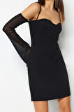 Moda Regular Mezuniyet Balo Finike Dokuma Kalp Yaka Uzun Kol Bodycone Mini Boy Elbise