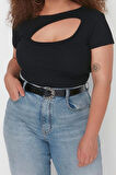 Moda Büyük Beden Bisiklet Yaka Örme Fit Düz Desen Casual Günlük Crop Kısa Kol Bluz