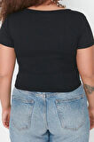 Moda Büyük Beden Bisiklet Yaka Örme Fit Düz Desen Casual Günlük Crop Kısa Kol Bluz