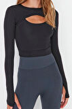 Stil Kadın Koyu Pencere Cut Out ve Baş Parmak Delik Detaylı Spor Üst Bluz Crop Örme Fitted Kalıp