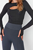 Stil Kadın Koyu Pencere Cut Out ve Baş Parmak Delik Detaylı Spor Üst Bluz Crop Örme Fitted Kalıp