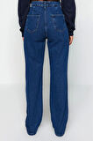 Stil Kadın Moda Denim Kot Pantolon Regular Geniş Paça Taş Cep Detaylı Yüksek Bel Jeans
