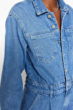 Kadın Moda Standart Kol Boru Paça Gömlek Yaka Düz Desen Uzun Bel Detaylı Denim Tulum