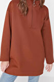 Tesettür Tarz Regular Dik Yaka Düşük Kol Regular Fermuar Detaylı Dalgıç Scuba Örme Sweatshirt