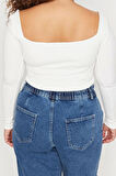 Moda Büyük Beden Kare Yaka Örme Fit Düz Desen Casual Günlük Crop Uzun Kol Bluz