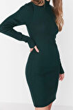 Moda Slim Casual Günlük Tek Plaka Triko Dik Yaka Uzun Kol Bodycone Mini Boy Elbise