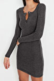 Moda Slim Casual Günlük Rejenere Kaşkorse Örme Kare Yaka Uzun Kol Bodycone Mini Boy Elbise