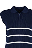 Stil Modern Kadın Regular Standart Kol Polo Yaka Fermuarlı Çizgili Triko Süveter