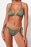 Moda Puantiyeli Atma Kap Bralette Normal Bel Brief Batik Desenli Üçgen Bağlamalı Bikini Takımı