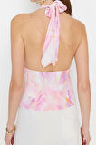 Moda V Yaka Örme Regular Soyut Desen Şık gece Crop Kolsuz Bluz