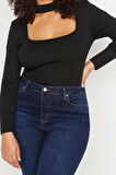 Moda Büyük Beden Choker Yaka Triko Fit Düz Desen Casual Günlük Regular Uzun Kol Bluz