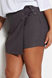 Büyük Beden Moda Dokuma Normal Bel Boru Paça Gündelik Gri Bağlamalı Şort Etek