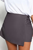 Büyük Beden Moda Dokuma Normal Bel Boru Paça Gündelik Gri Bağlamalı Şort Etek