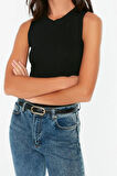 Moda Bisiklet Yaka Triko Slim Düz Desen Casual Günlük Crop Kolsuz Bluz