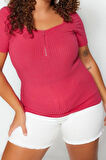 Moda Büyük Beden Kare Yaka Örme Fit Düz Desen Casual Günlük Crop Kısa Kol Bluz
