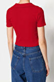 Moda Polo Yaka Örme Slim Slogan Desen Casual Günlük Crop Kısa Kol Bluz