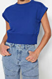 Moda Bisiklet Yaka Örme Slim Düz Desen Casual Günlük Crop Kısa Kol Bluz