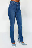 Stil Kadın Moda Denim Kot Pantolon Uzun Boru Paça Yırtmaçlı Süper Yüksek Bel Slim Jeans