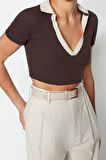 Moda Polo Yaka Örme Slim Renk Bloklu Desen Casual Günlük Crop Kısa Kol Bluz