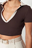 Moda Polo Yaka Örme Slim Renk Bloklu Desen Casual Günlük Crop Kısa Kol Bluz