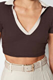 Moda Polo Yaka Örme Slim Renk Bloklu Desen Casual Günlük Crop Kısa Kol Bluz