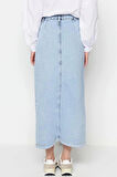 Moda Yüksek Bel Düz Desen Günlük Maxi Boy Koyu İndigo Çift Cepli Yüksek Bel Denim Kot Etek