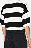 Kadın Modern Tarz Rahat Truvakar Kol Polo Yaka Çizgili Kol Crop Triko Kazak