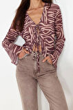 Moda V Yaka Örme Regular Animal Desen Casual Günlük Regular Uzun Kol Bluz