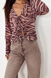 Moda V Yaka Örme Regular Animal Desen Casual Günlük Regular Uzun Kol Bluz
