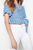 Moda Ceket Yaka Dokuma Fit Çiçekli Desen Casual Günlük Crop Kısa Kol Bluz
